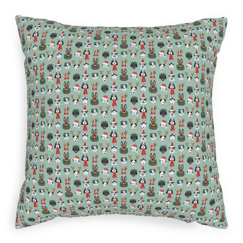 Christmas Holiday Puppy Dogs - Green Pillow, Woven, White, 20x20, Double Sided, Green