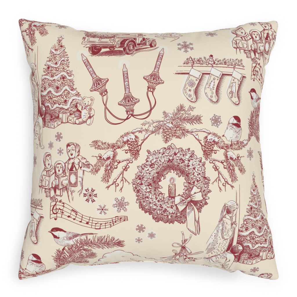 Holiday Traditions Toile - Red on Cream Pillow, Woven, White, 20x20, Double Sided, Red, Red