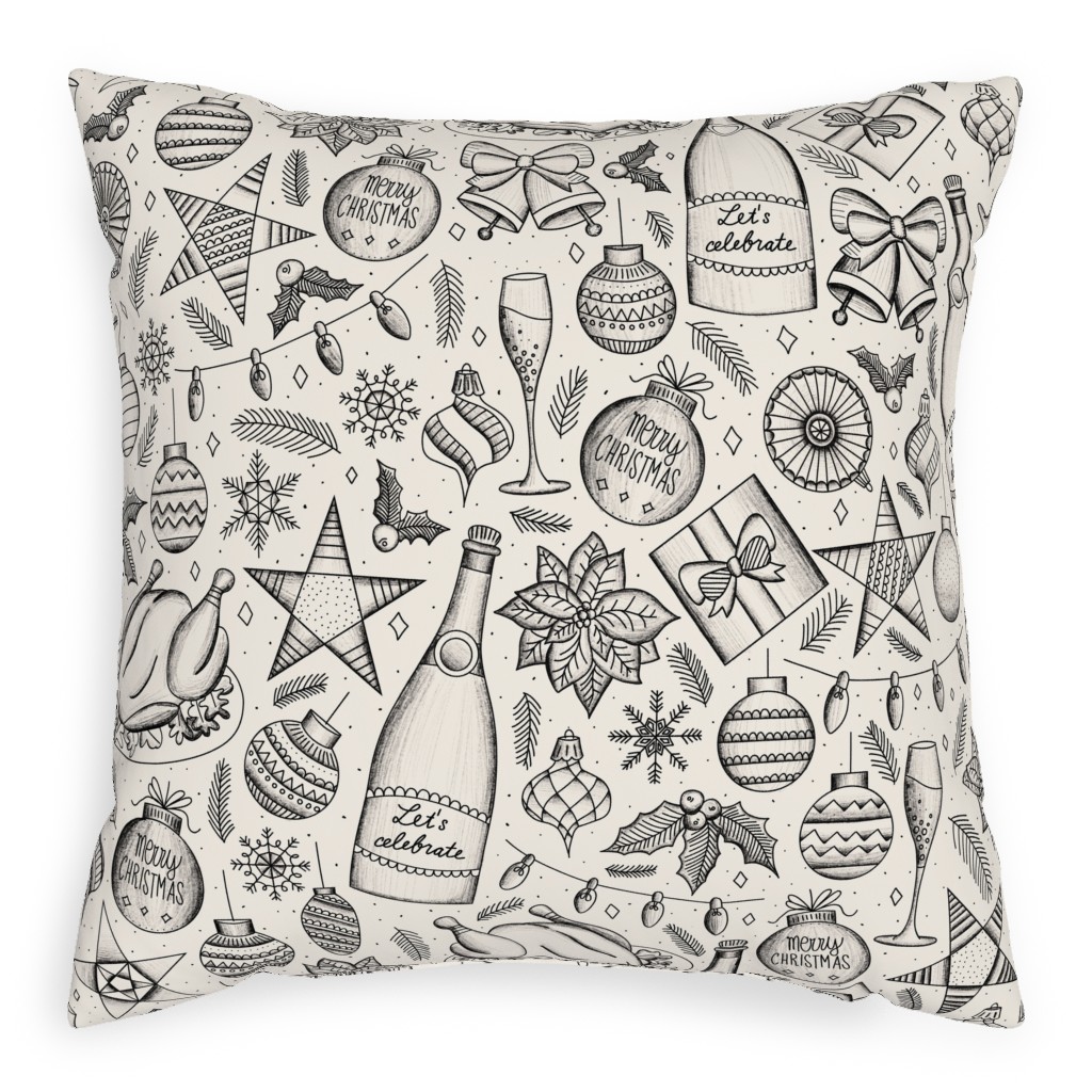 Vintage Christmas Dinner Pillow, Woven, White, 20x20, Double Sided, Beige, Pearl