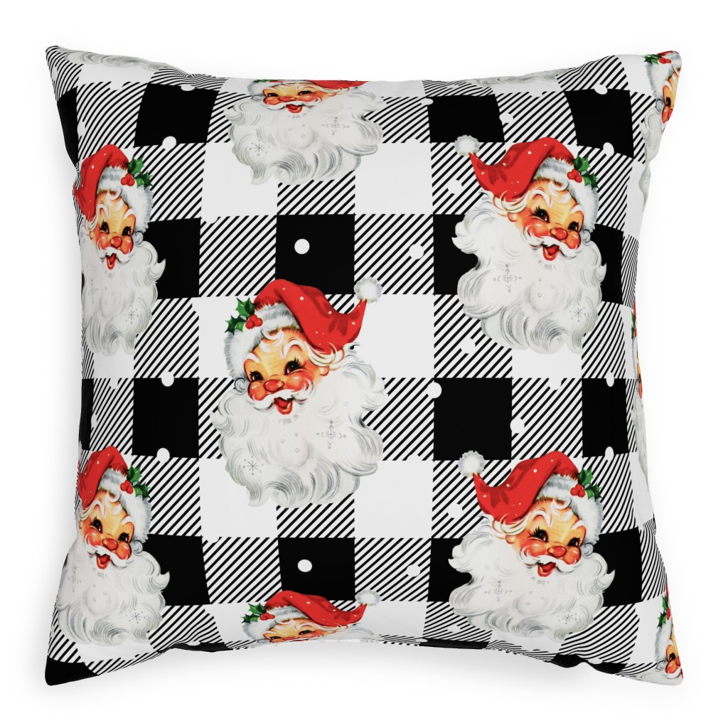 Jolly Retro Santa and Plaid - Black and White Pillow, Woven, White, 20x20, Double Sided, Multicolor