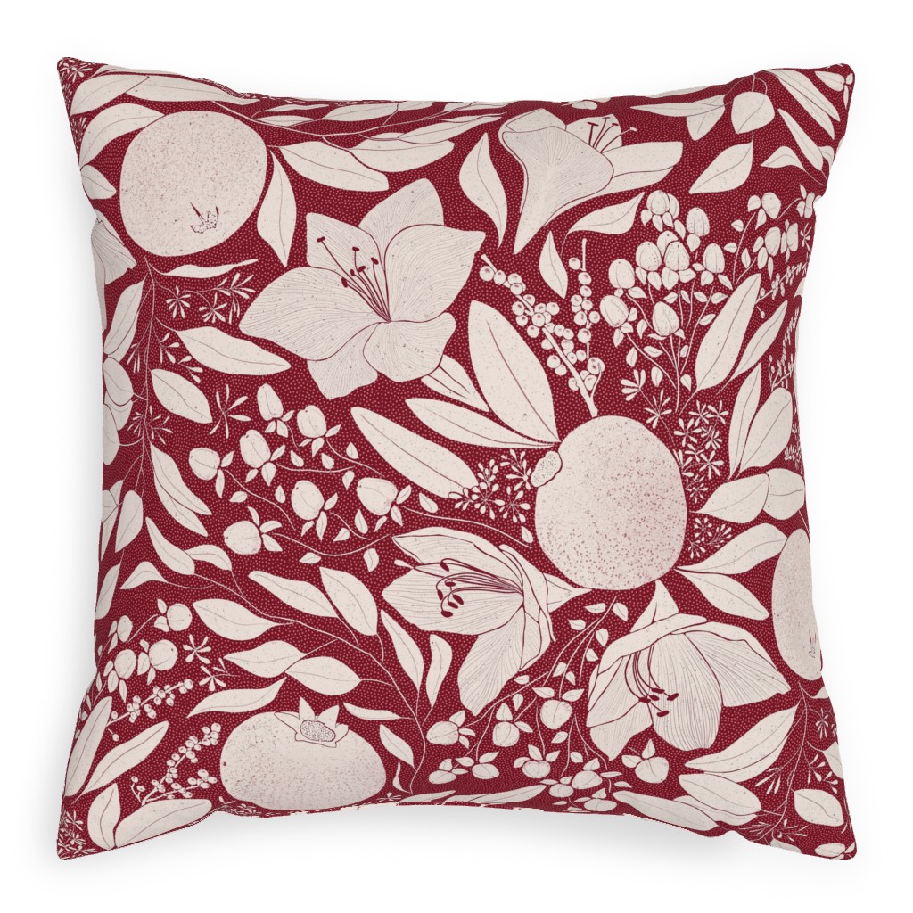 Winter Florals - Burgundy Pillow, Woven, White, 20x20, Double Sided, Red
