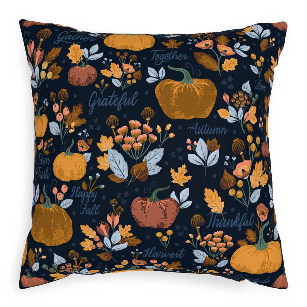 Elegant Fall Floral Harvest - Navy Pillow, Woven, White, 20x20, Double Sided, Orange