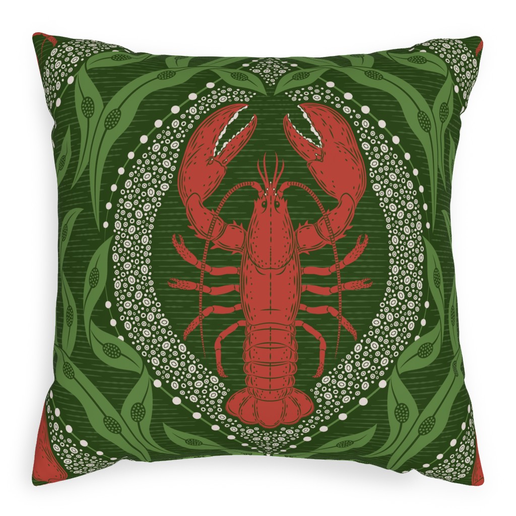 Lobster and Seaweed Nautical Damask Pillow, Woven, White, 20x20, Double Sided, Green