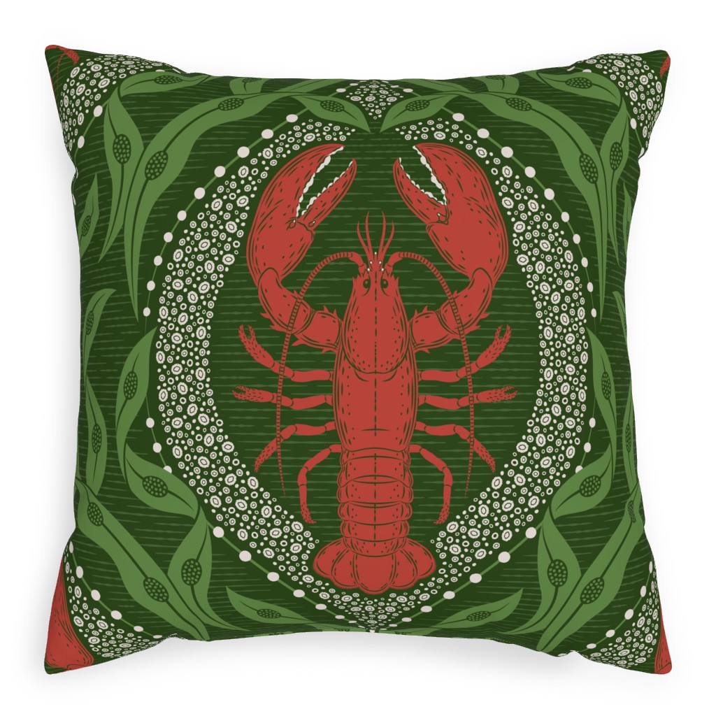 Lobster and Seaweed Nautical Damask Pillow, Woven, White, 20x20, Double Sided, Green, Leaf
