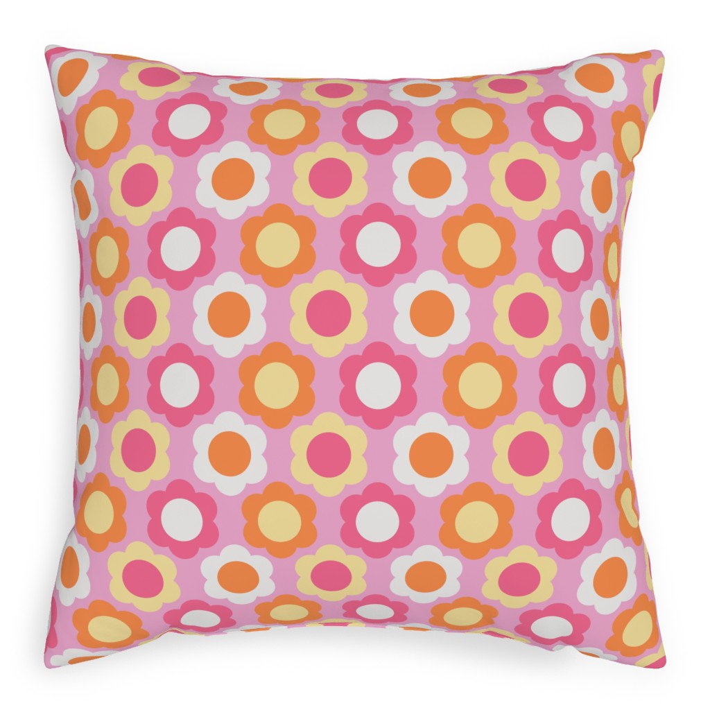 Retro Geometric Flowers - Pink and Orange Pillow, Woven, White, 20x20, Double Sided, Pink, Bright Pink