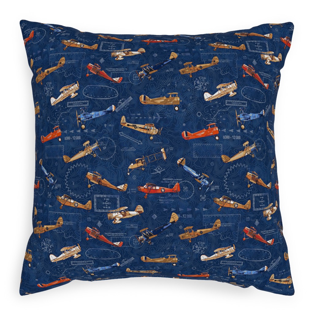 Vintage Airplanes - Blue Pillow, Woven, White, 20x20, Double Sided, Blue, True Blue