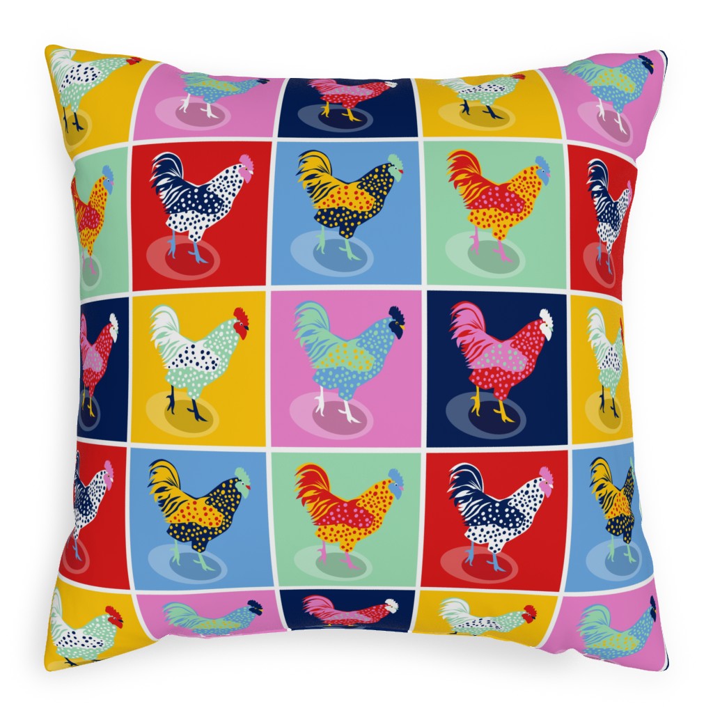 Pop Art Chickens - Multicolor Pillow, Woven, White, 20x20, Double Sided, Multicolor