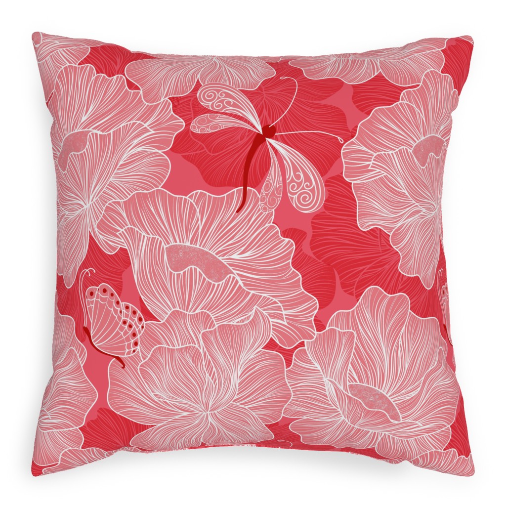 Floral & Butterflies on Scarlet Pillow, Woven, White, 20x20, Double Sided, Pink, Bright Pink