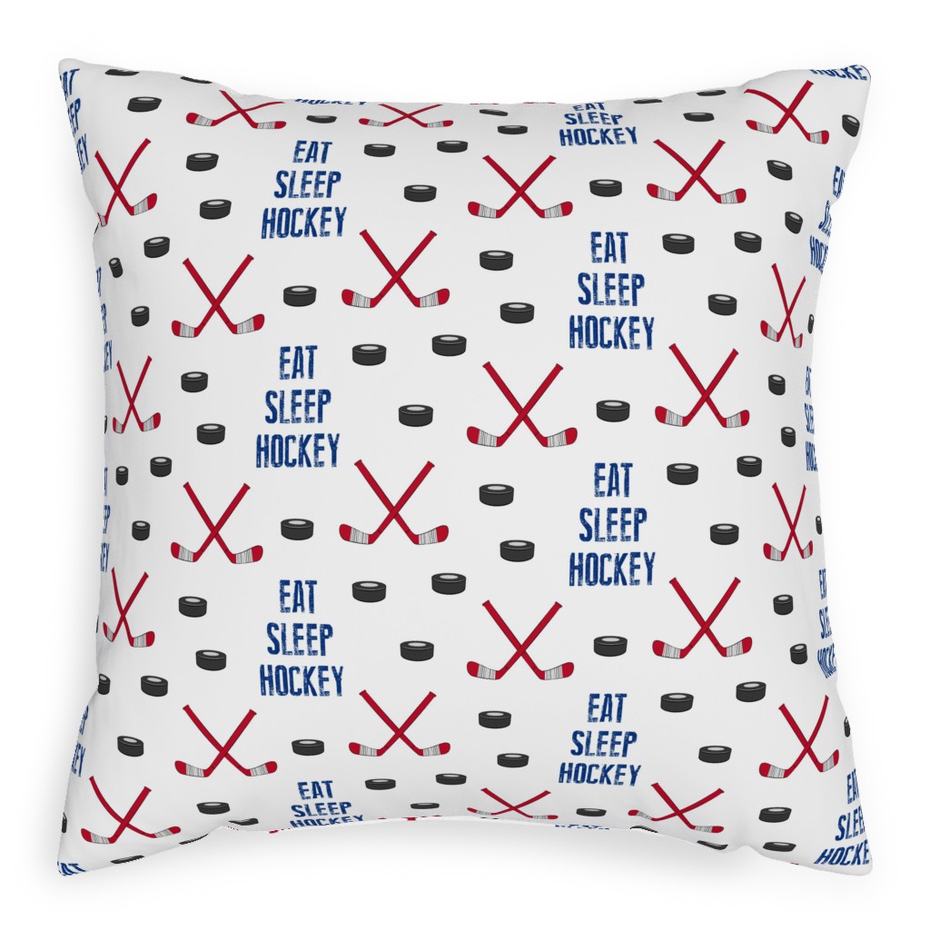 Eat Sleep Hockey - Red and Blue Pillow, Woven, White, 20x20, Double Sided, Multicolor