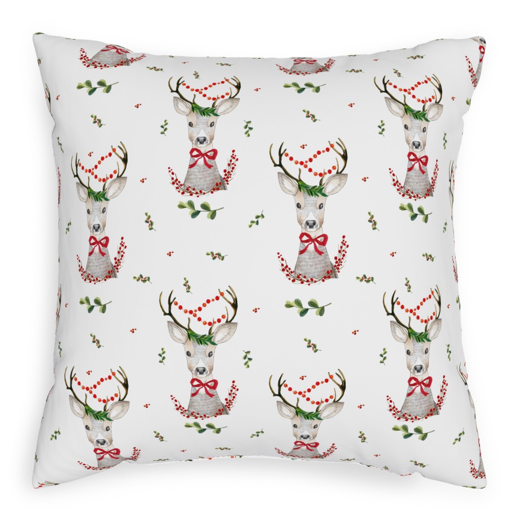Holiday Fancy Deer With Holly Pillow, Woven, White, 20x20, Double Sided, Multicolor