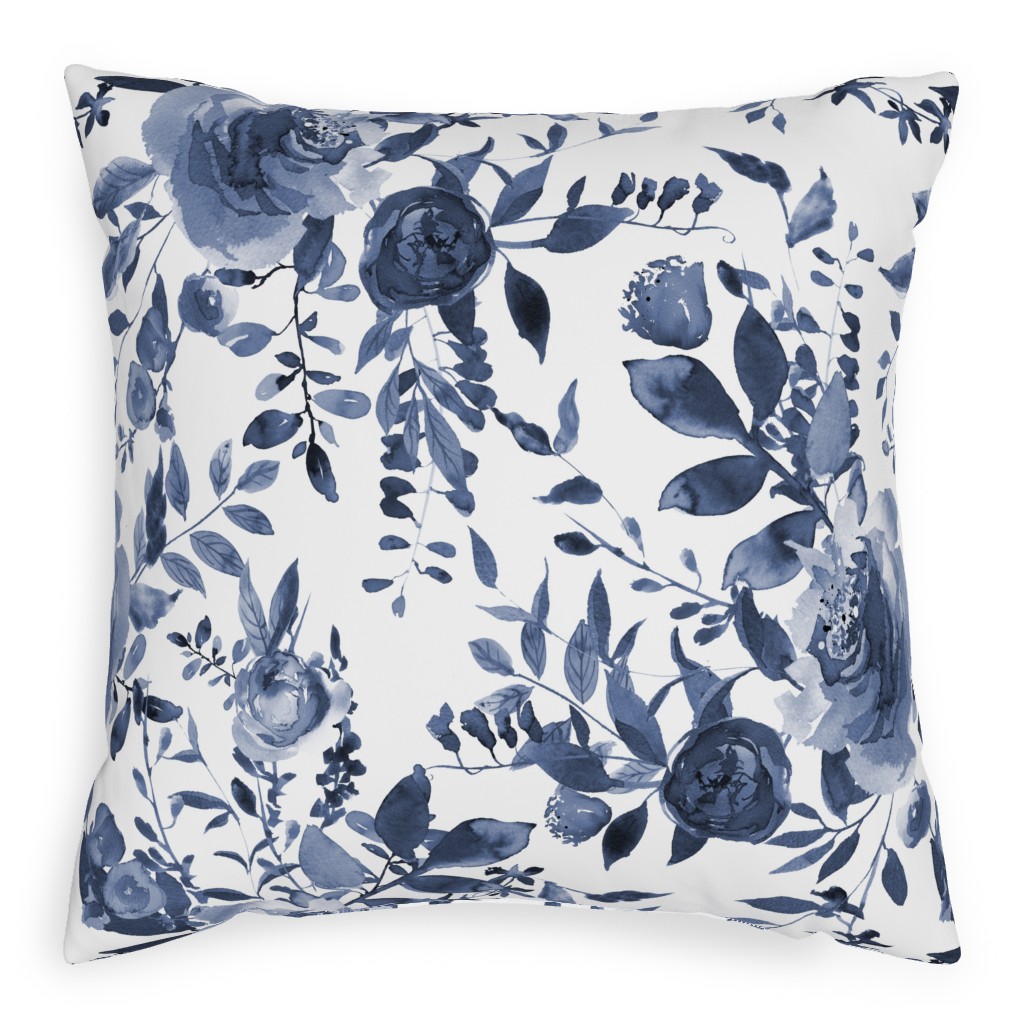 Blue and White Florals - Indigo Pillow, Woven, White, 20x20, Double Sided, Blue, True Blue