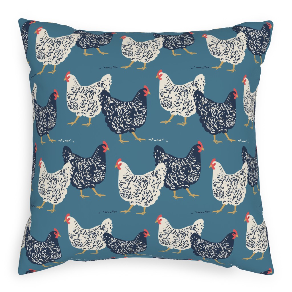 Farmhouse Chickens on Blue Pillow, Woven, White, 20x20, Double Sided, Blue, True Blue