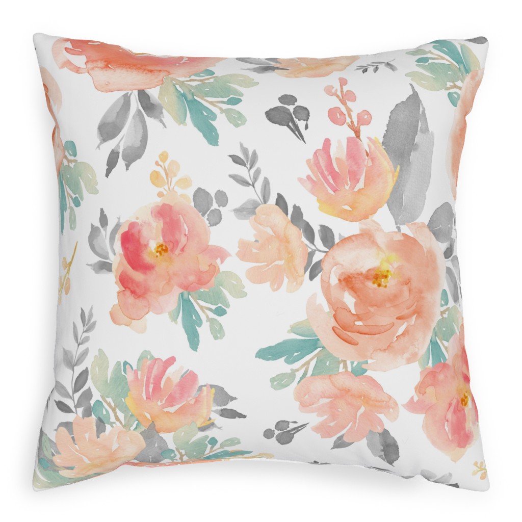 Watercolor Florals Pillow, Woven, White, 20x20, Double Sided, Orange