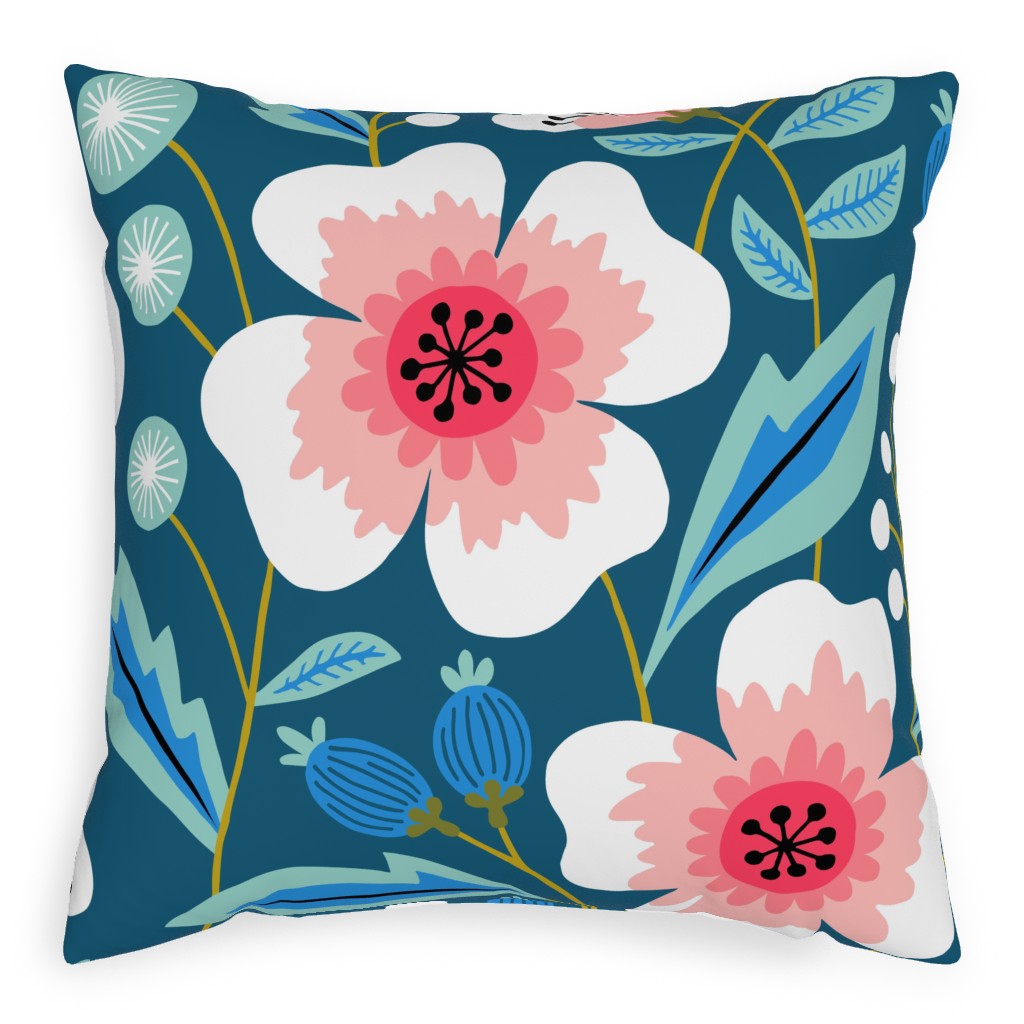 Colorful Spring Flowers - Pink on Blue Pillow, Woven, White, 20x20, Double Sided, Green