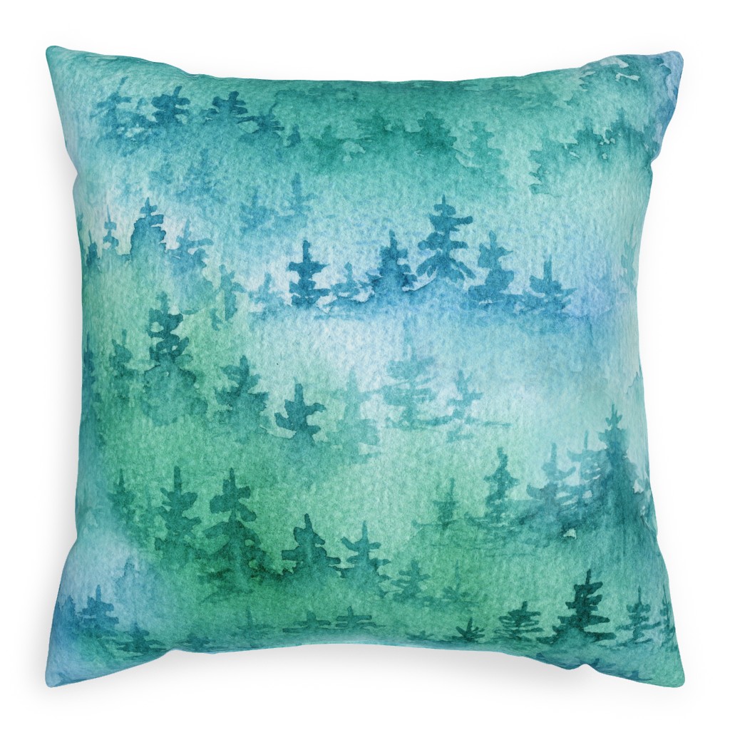 Foggy Forest - Blue and Green Pillow, Woven, White, 20x20, Double Sided, Green
