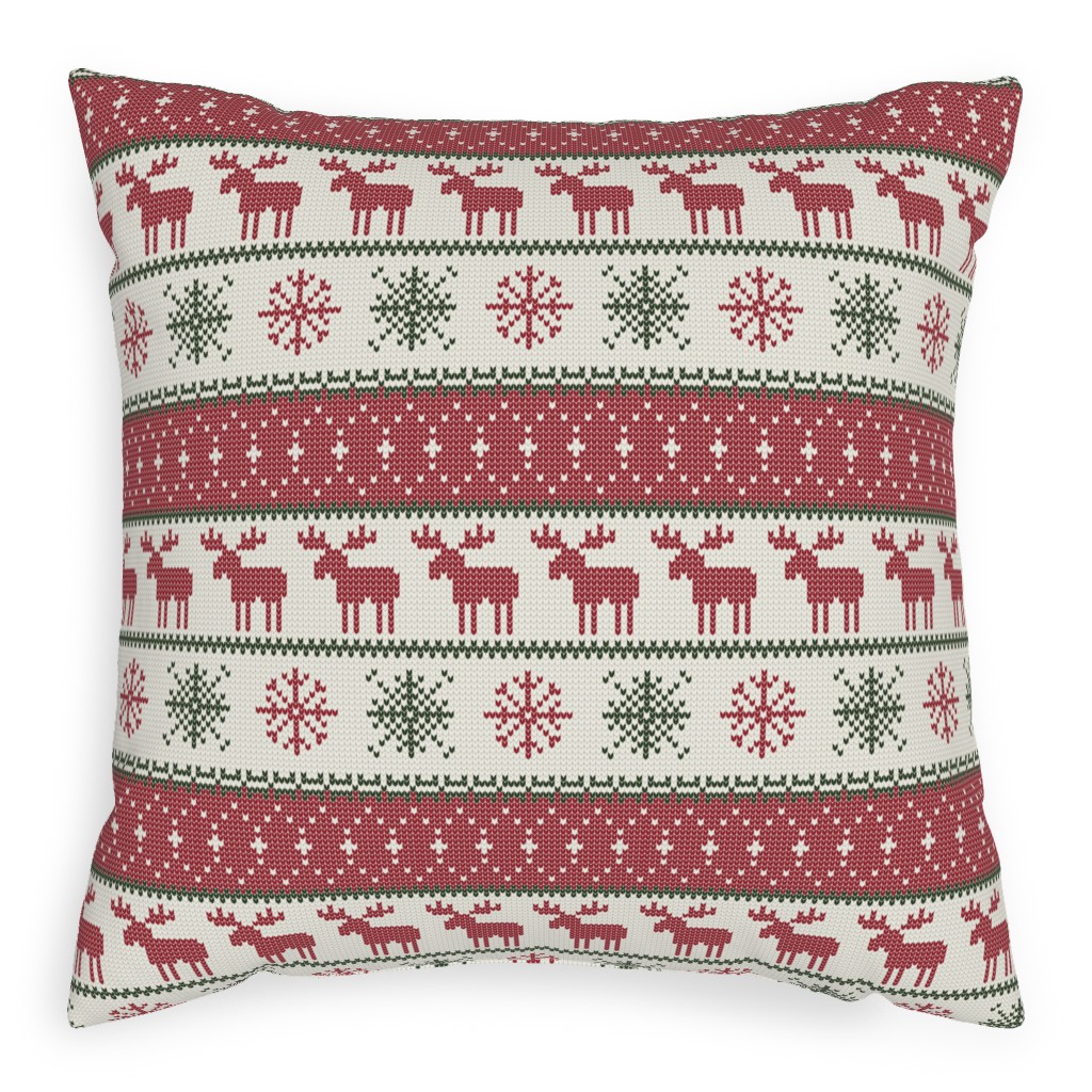 Fair Isle Moose - Red, Green and Cream Pillow, Woven, White, 20x20, Double Sided, Multicolor