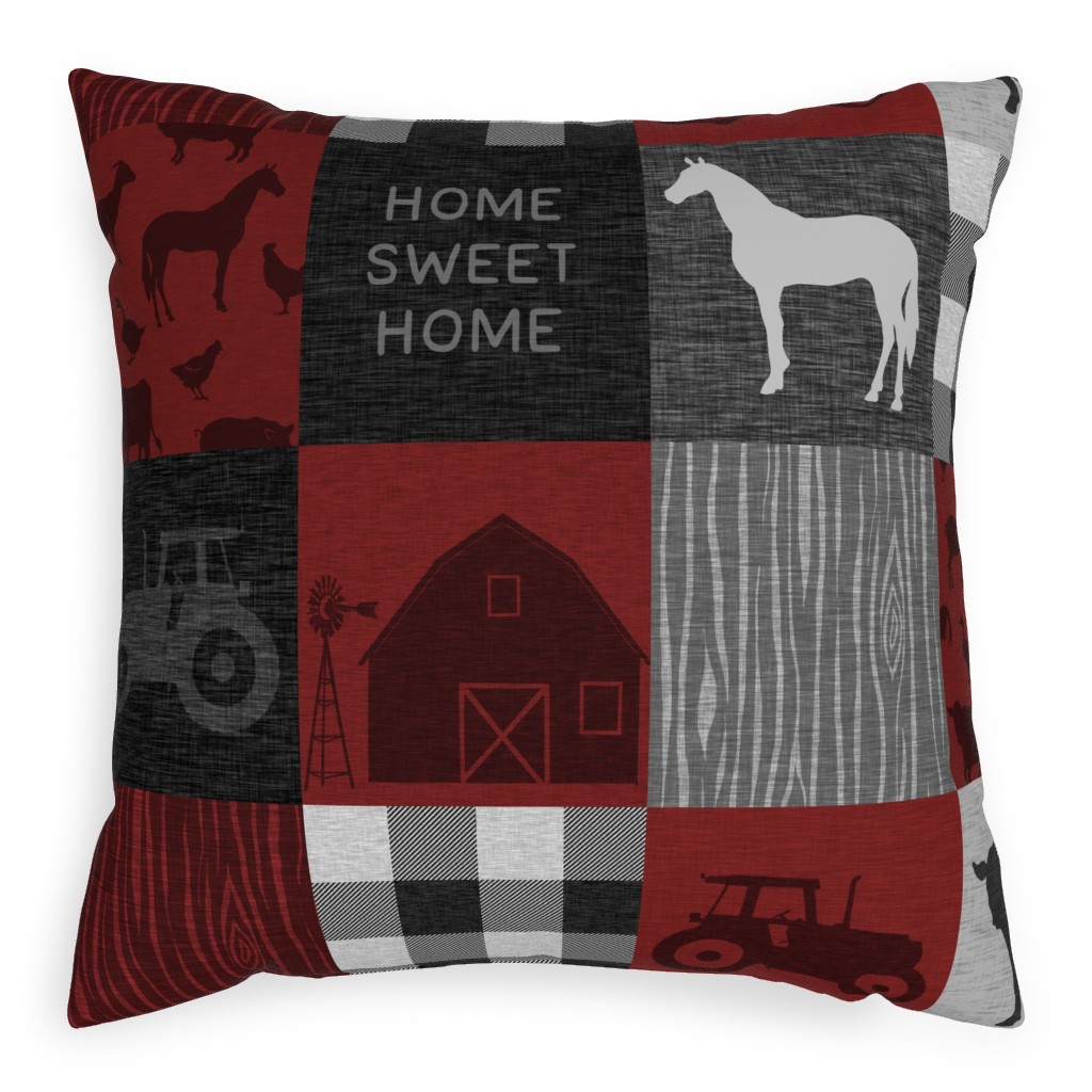 Home Sweet Home Farm - Red and Black Pillow, Woven, White, 20x20, Double Sided, Red