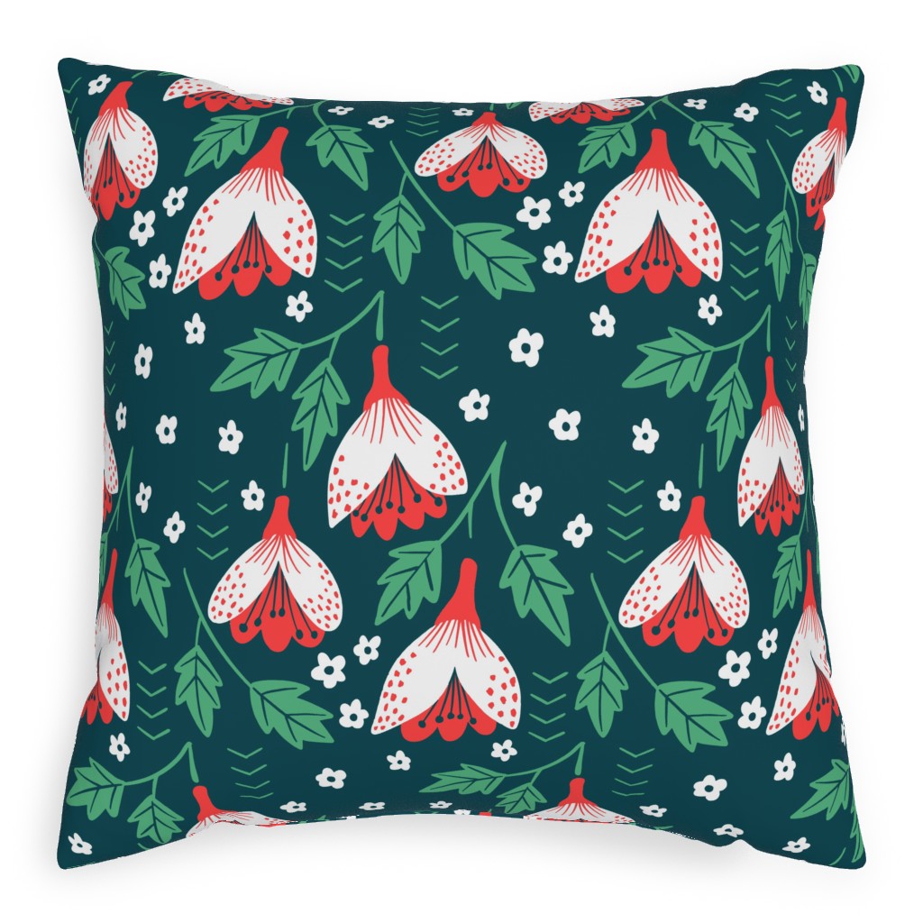 Christmas Flowers - Green Pillow, Woven, White, 20x20, Double Sided, Green