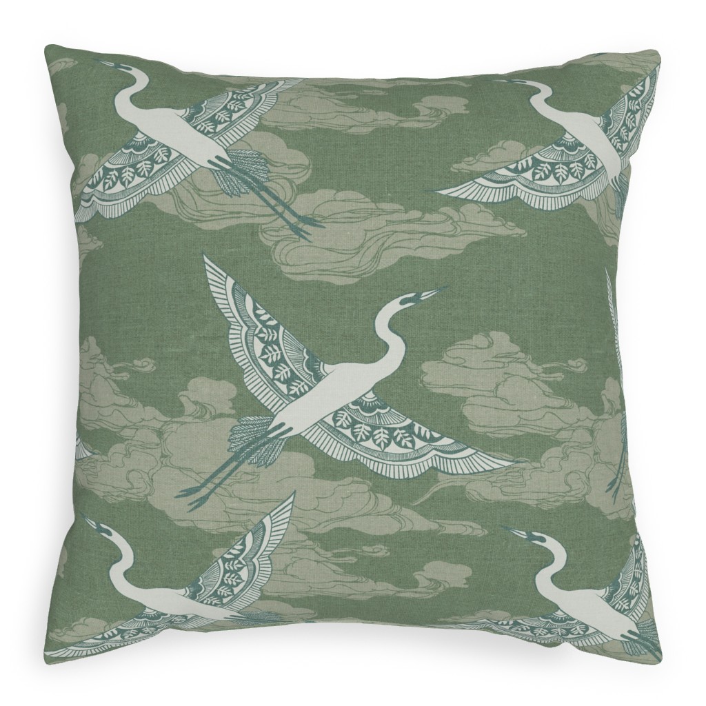 Egrets - Green Pillow, Woven, White, 20x20, Double Sided, Green