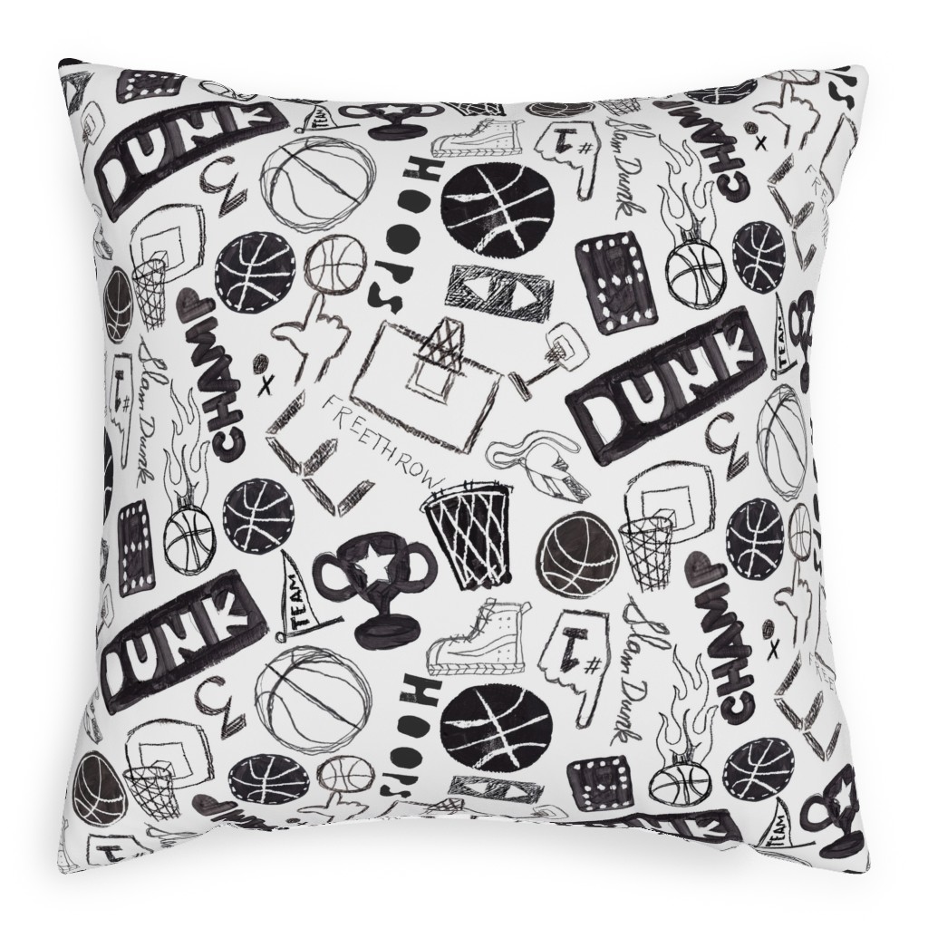 Basketball - Black and White Pillow, Woven, White, 20x20, Double Sided, White, White