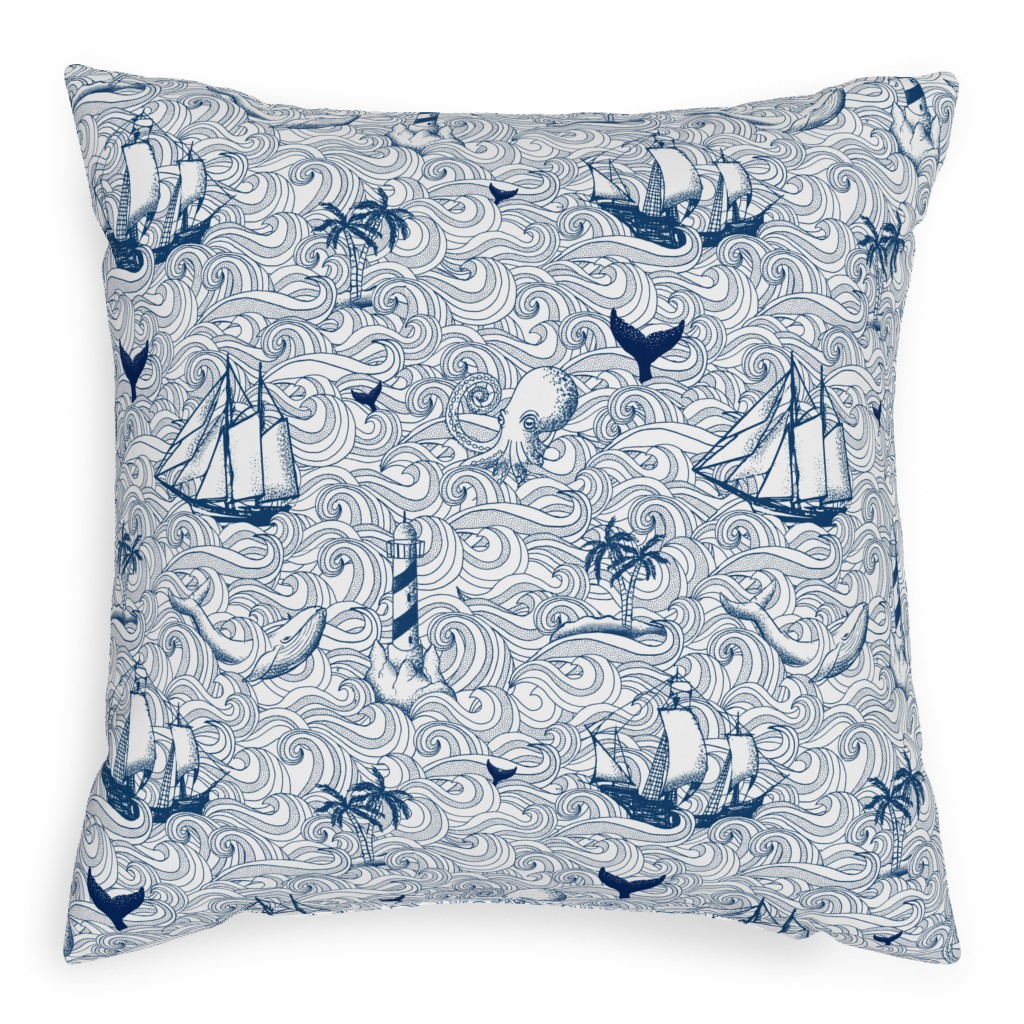Vintage Nautical Journey Pillow, Woven, White, 20x20, Double Sided, Blue, True Blue