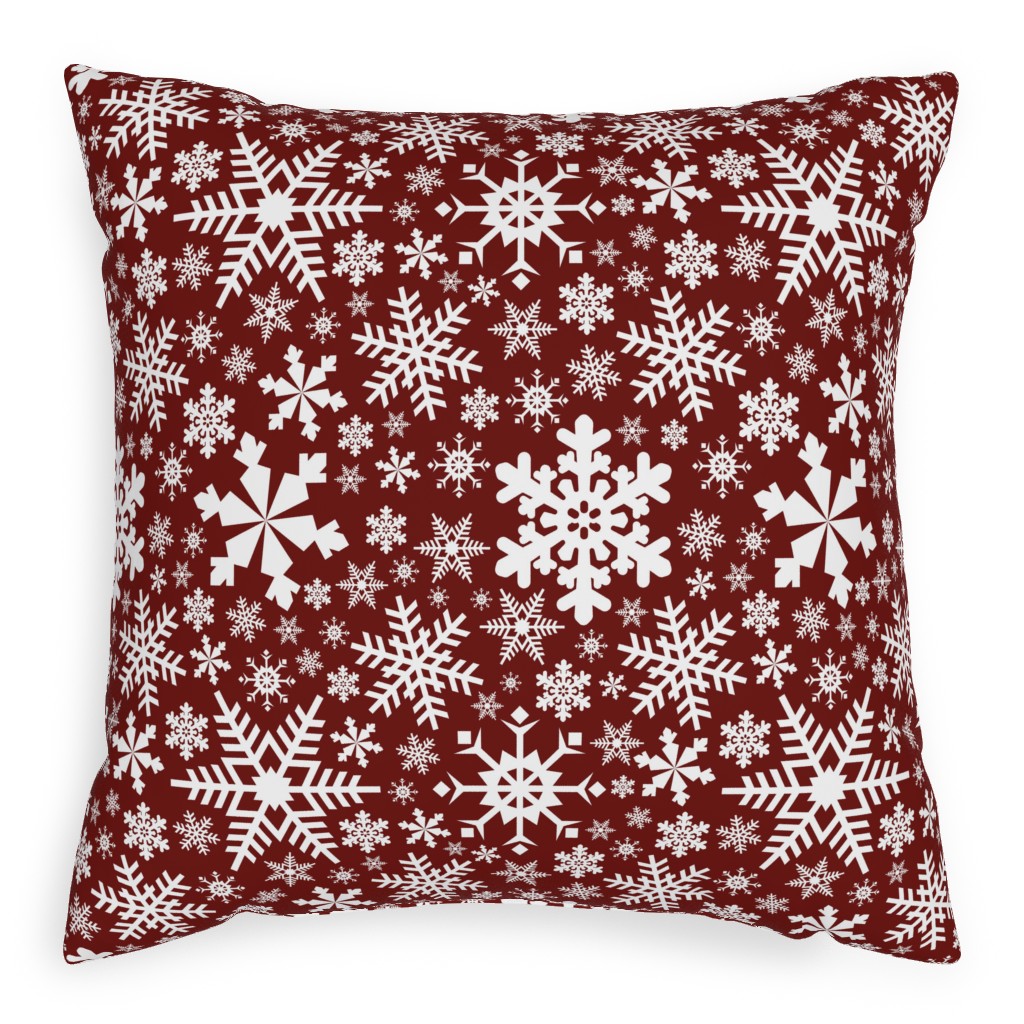 Christmas White Snowflakes on Red Background Pillow, Woven, White, 20x20, Double Sided, Red, Red