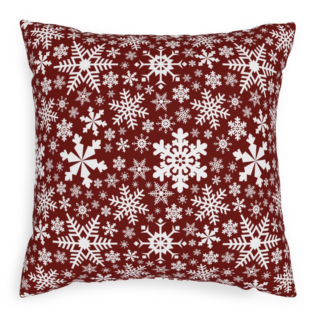 Christmas White Snowflakes on Red Background Pillow, Woven, White, 20x20, Double Sided, Red