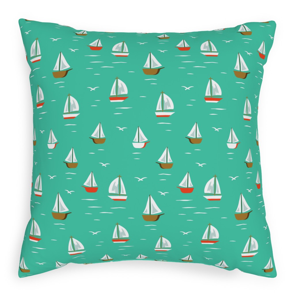 Sailboats Pillow, Woven, White, 20x20, Double Sided, Green, Seafoam