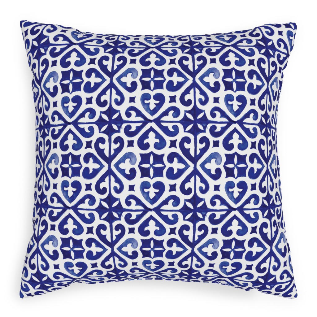 Lisbon Tiles Watercolor - Blue Pillow, Woven, White, 20x20, Double Sided, Blue