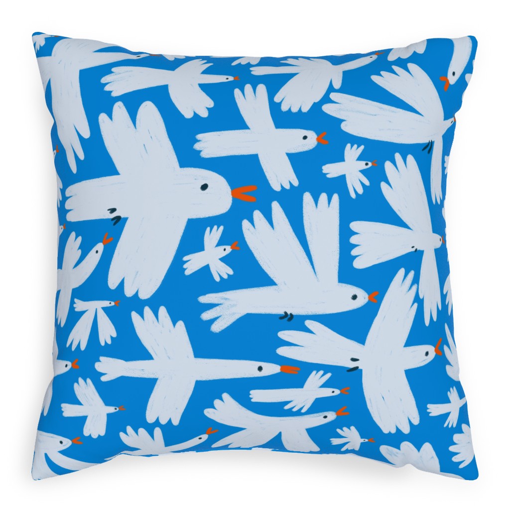 White Birds on Blue Pillow, Woven, White, 20x20, Double Sided, Blue