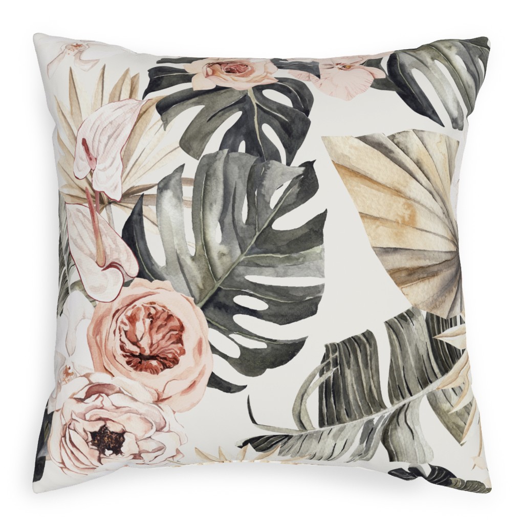 Paradise Palm, Peonies, and Tropical Plants - Multi Pillow, Woven, White, 20x20, Double Sided, Multicolor