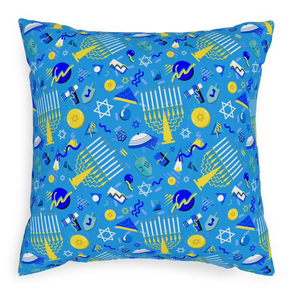 80s Hanukkah Celebration - Blue Pillow, Woven, White, 20x20, Double Sided, Blue, True Blue