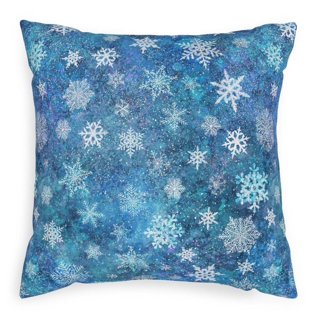 Whinsical Snowflakes Handpainted With Watercolors - Blue Pillow, Woven, White, 20x20, Double Sided, Blue