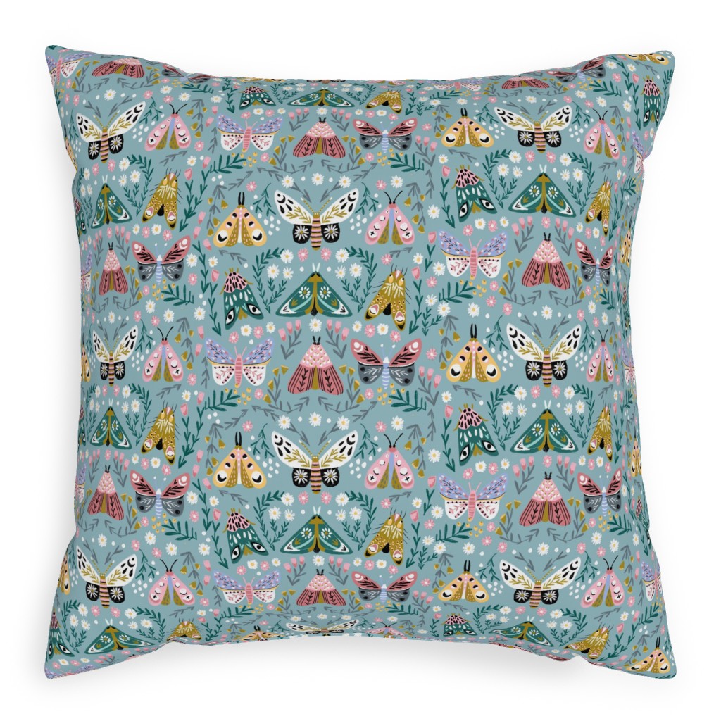 Spring Floral and Butterflies - Blue Pillow, Woven, White, 20x20, Double Sided, Multicolor