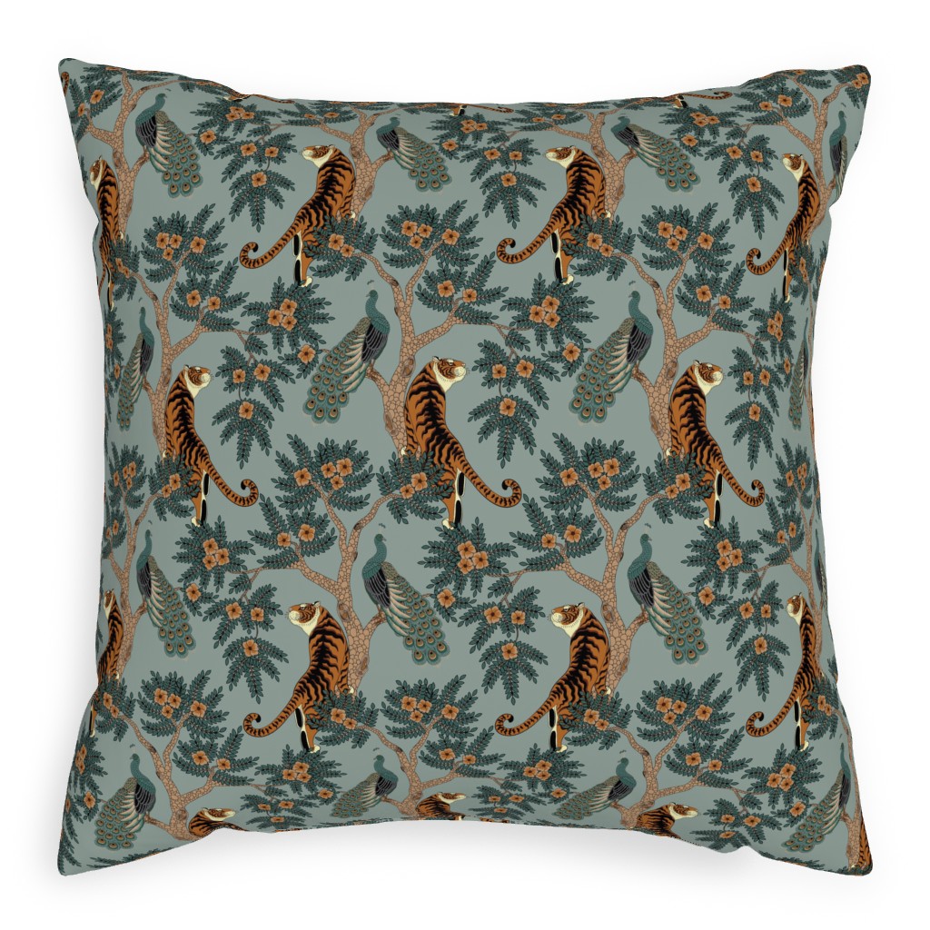 Tiger and Peacock - Blue Pillow, Woven, White, 20x20, Double Sided, Blue, True Blue