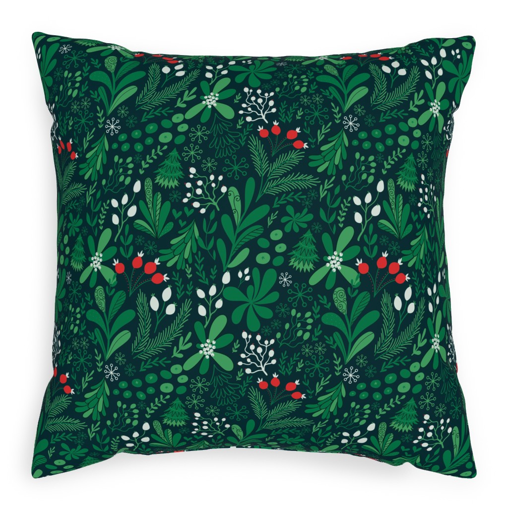 Merry Christmas Botanical - Green Pillow, Woven, White, 20x20, Double Sided, Green, Classic Green
