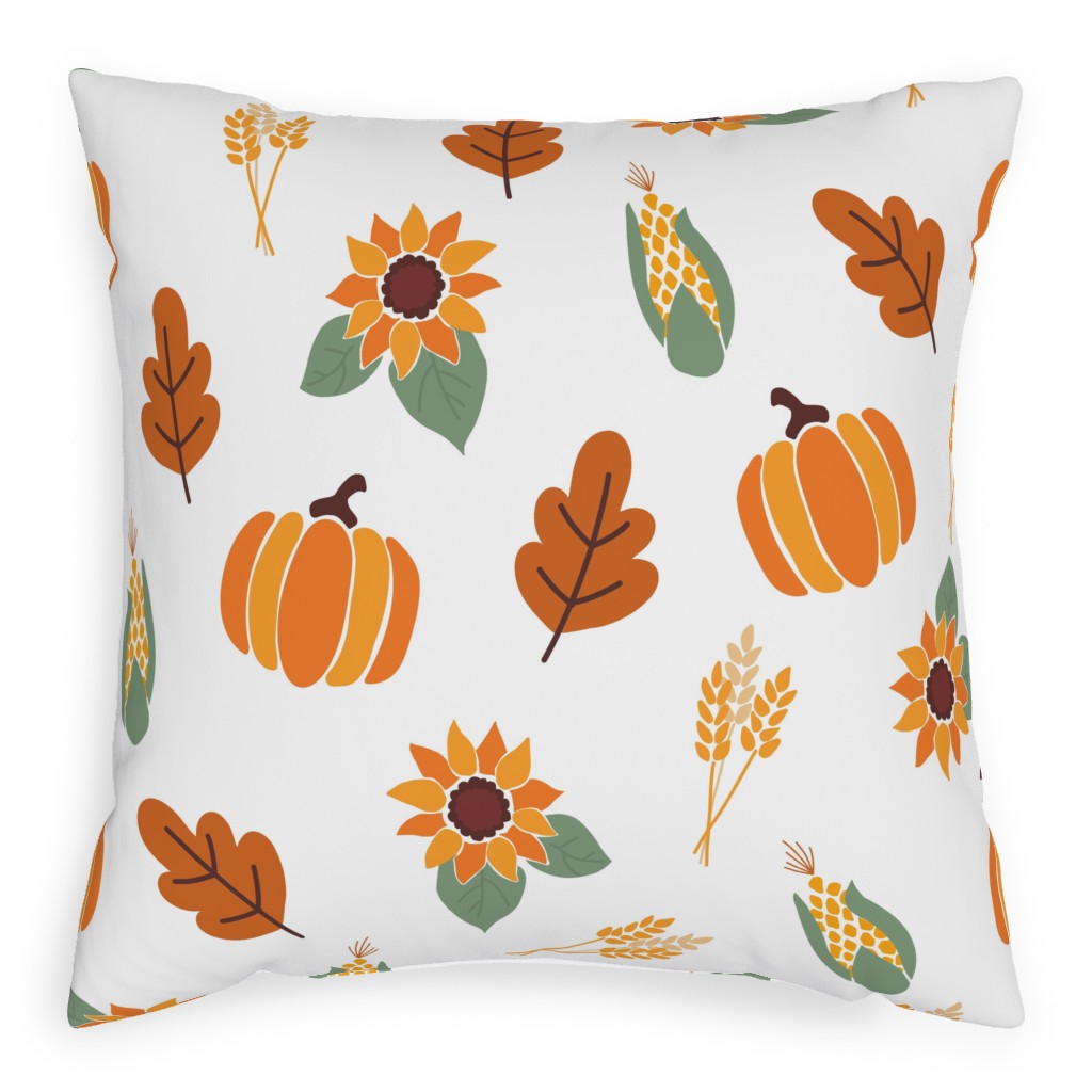Sunflowers Pumpkins and Corn Cobs Pillow, Woven, White, 20x20, Double Sided, Multicolor