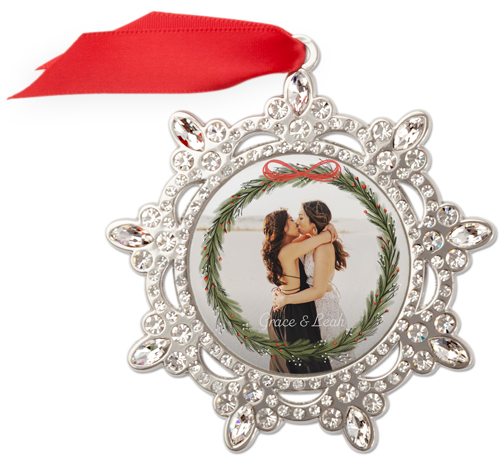 Hand Painted Wreath Jeweled Ornament, None, White, Snowflake, white