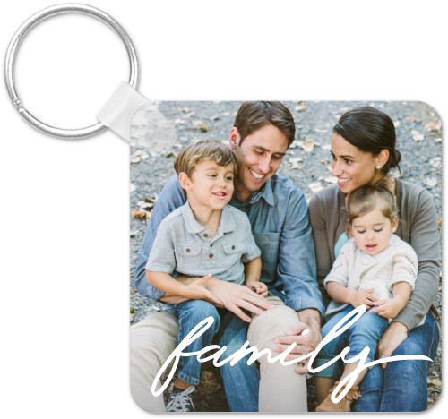 Family Script Key Ring, Square, White, white