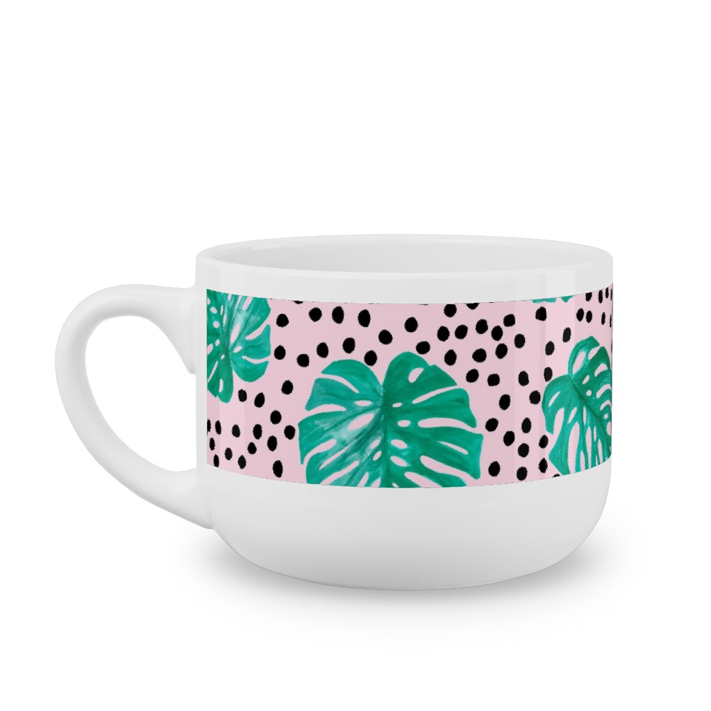 Tropical Monstera - Pink Latte Mug, White, , 25oz, Pink, Bright Pink