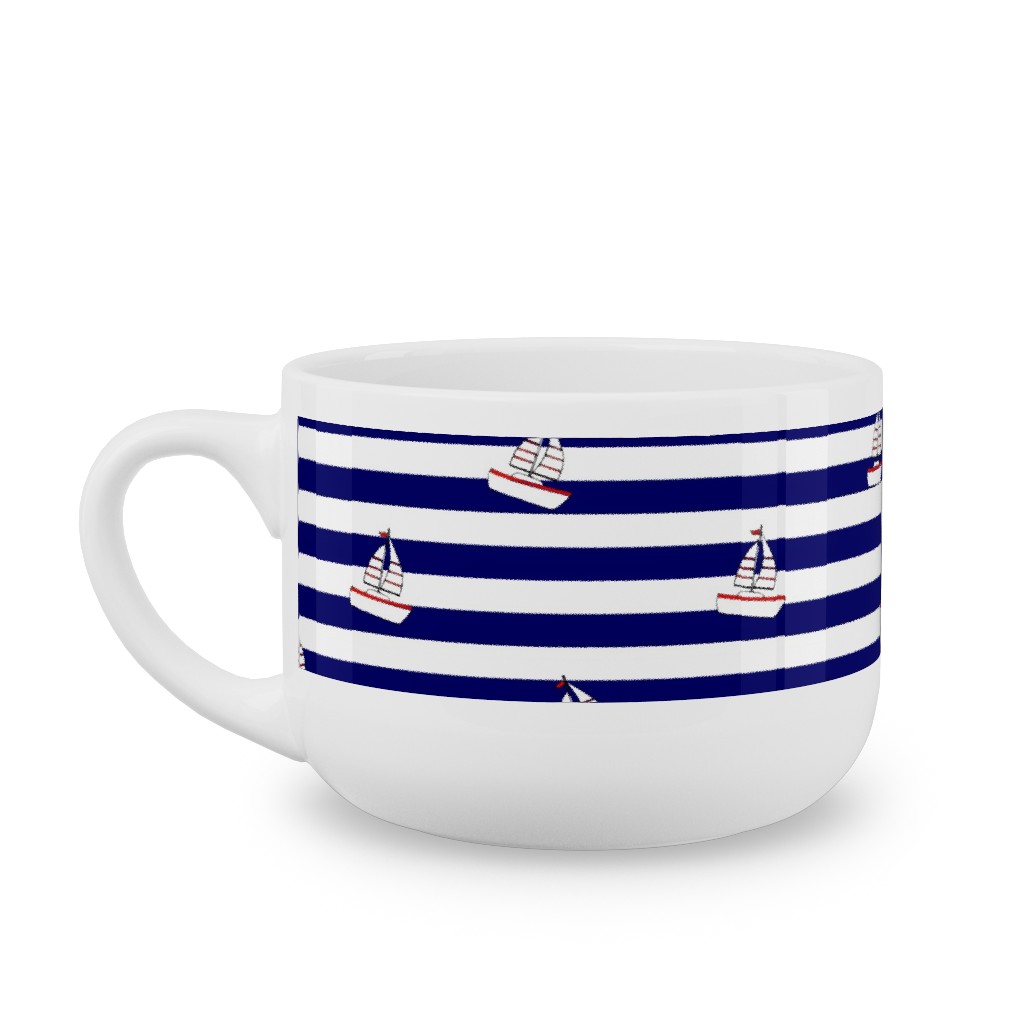Sea and Boats Stripes - Blue Latte Mug, White, , 25oz, Blue, True Blue