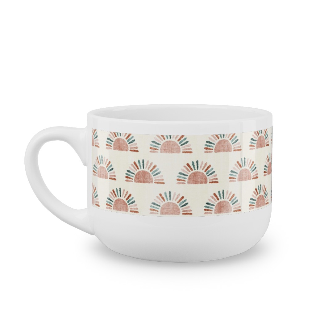 Sunshine - Block Print Boho Sun Print - Dusty Pink/Blue/Teracotta Latte Mug, White,  , 25oz, Pink