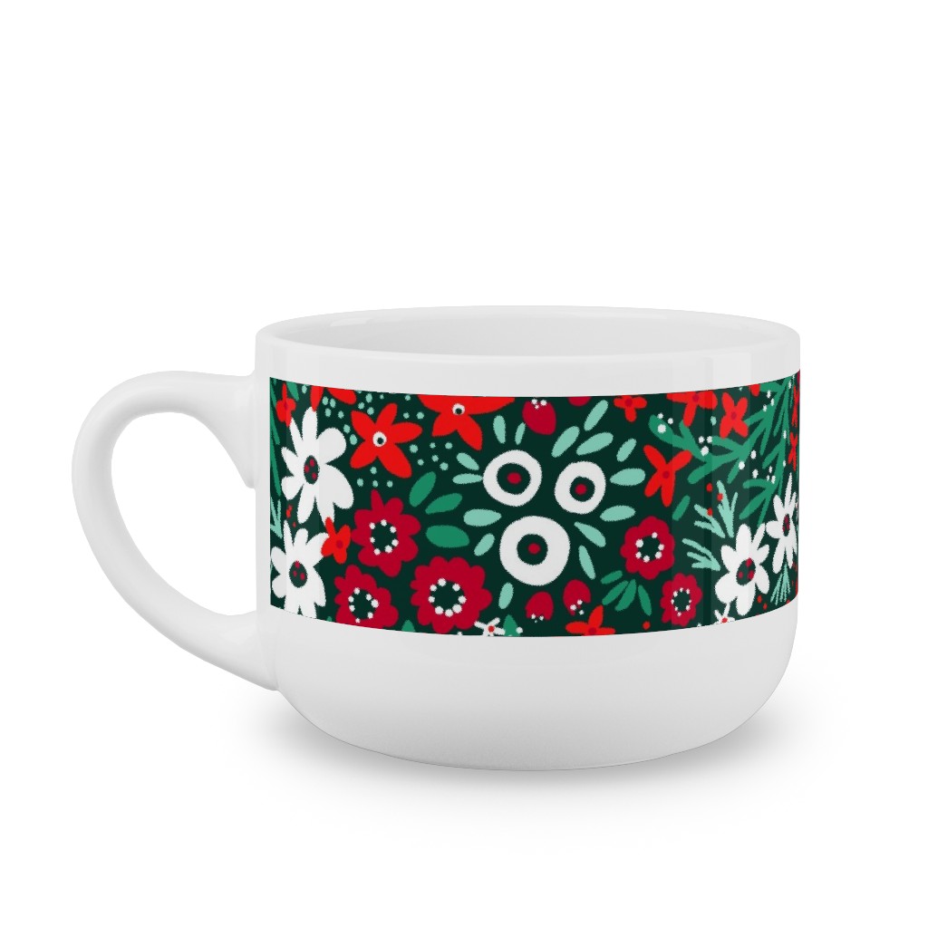 Rustic Floral - Holiday Red and Green Latte Mug, White,  , 25oz, Green