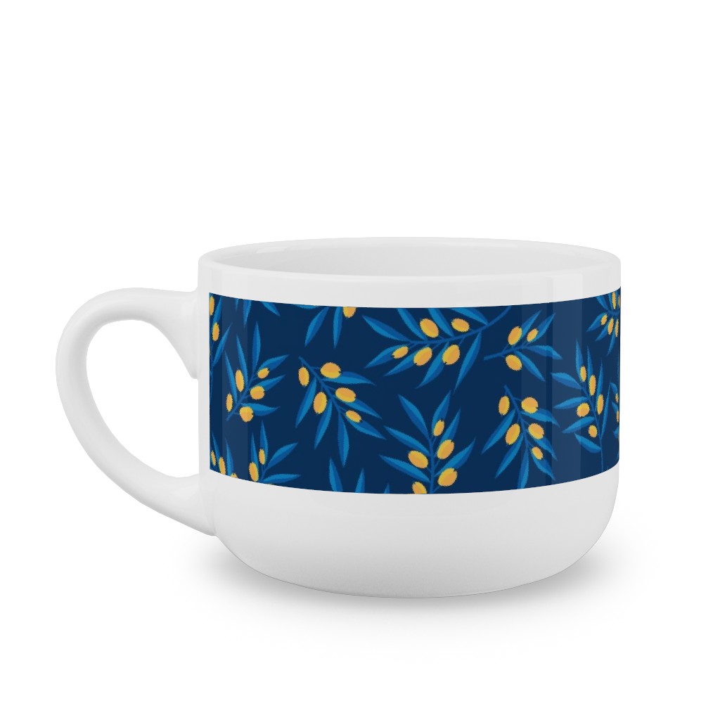 Olive Branches - Blue and Yellow Latte Mug, White,  , 25oz, Blue