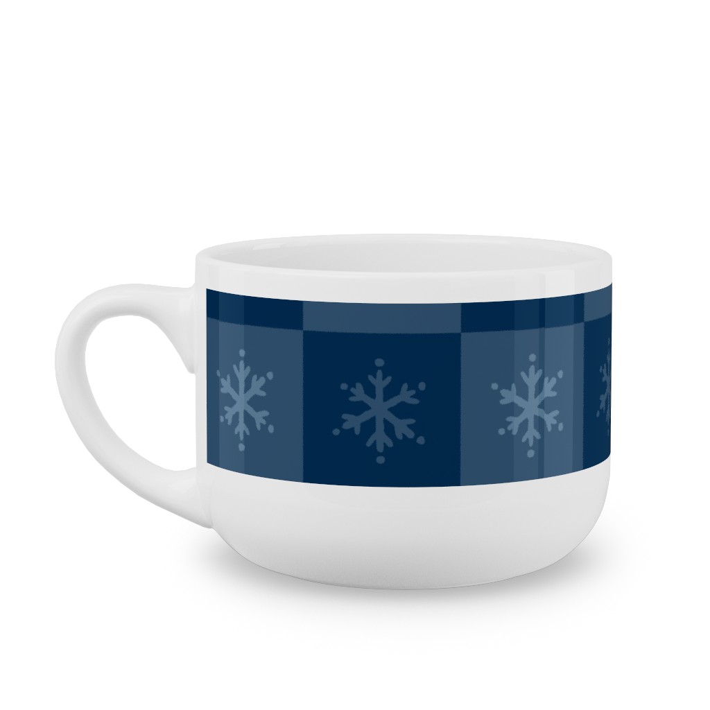 Scandi Cozy Winter Checkered Blue Snowflake Latte Mug, White,  , 25oz, Blue