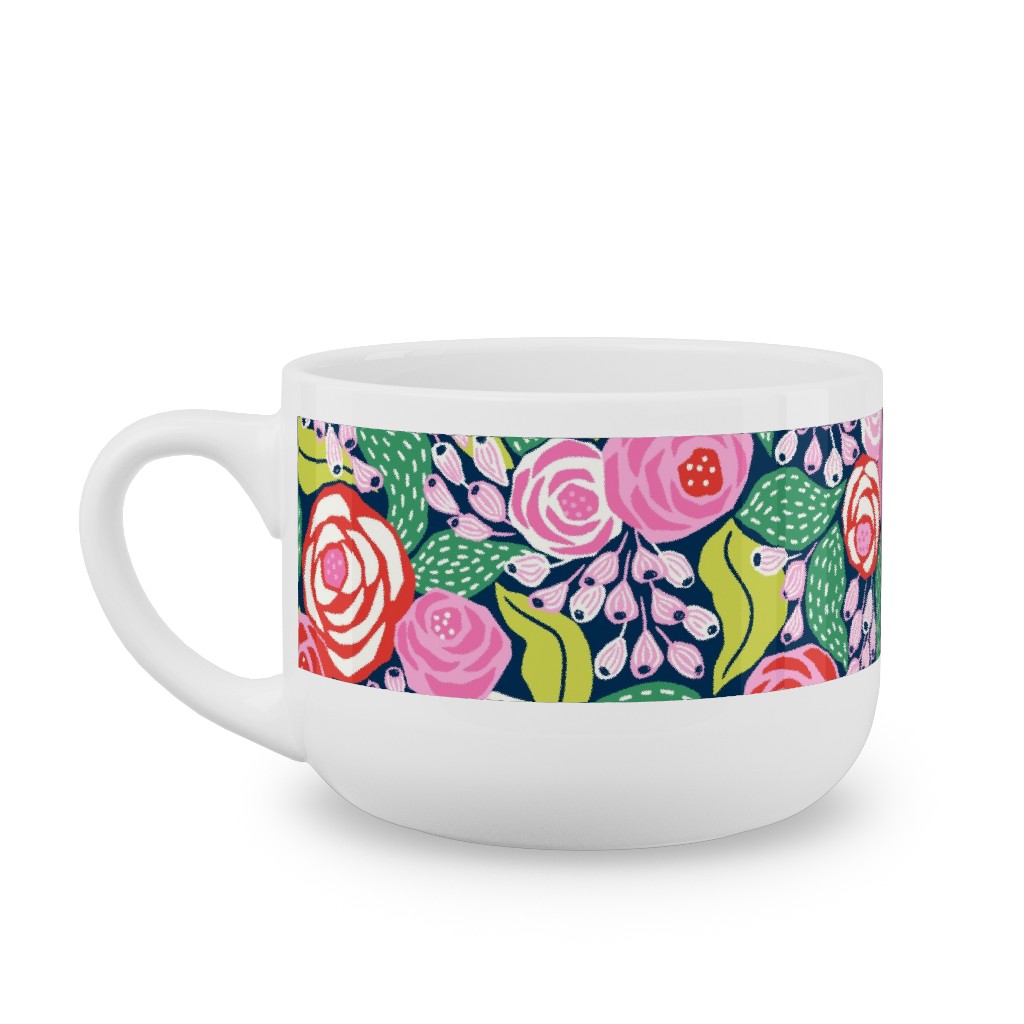 Colourful Papercut Roses - Pink on Dark Blue Latte Mug, White,  , 25oz, Pink