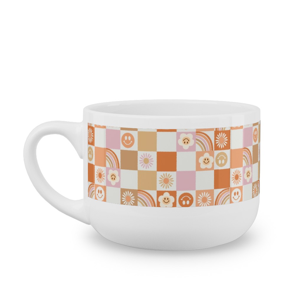 Retro Checkerboard - Daisy, Smile, Happy - Pink Orange Latte Mug, White,  , 25oz, Orange