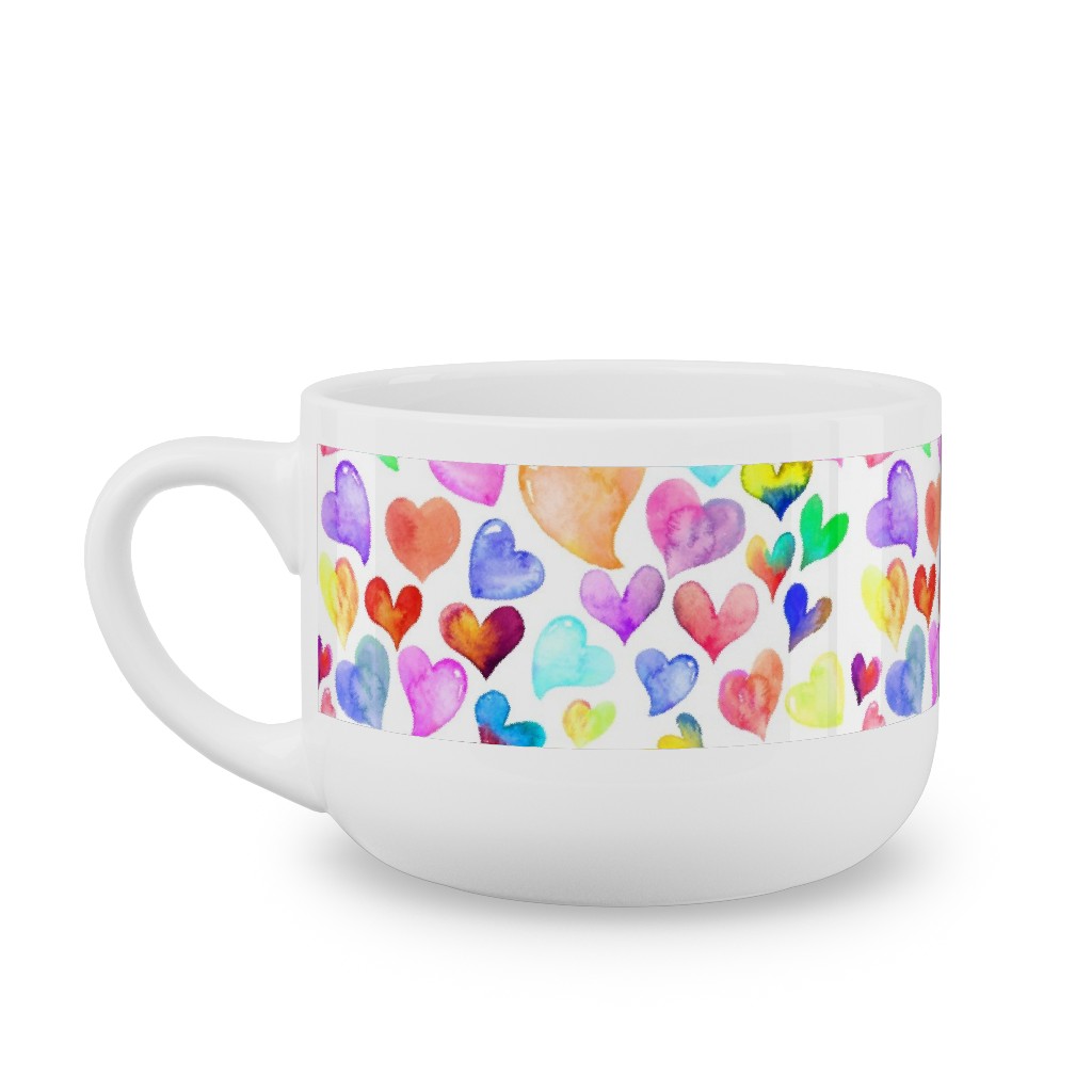 Colorful Watercolor Hearts - Multi on White Latte Mug, White,  , 25oz, Multicolor