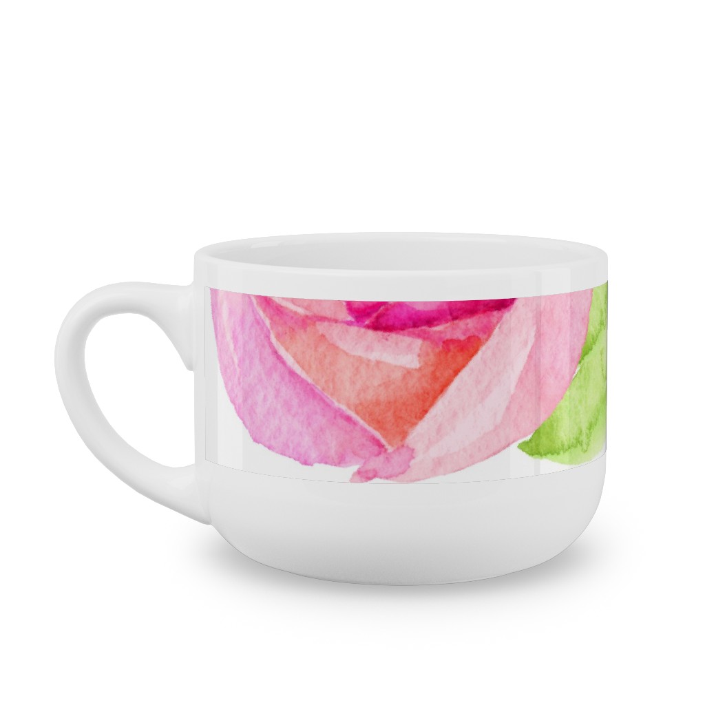 Spring Peonies, Roses, and Poppies - Watercolor Latte Mug, White, , 25oz, Pink, Bright Pink