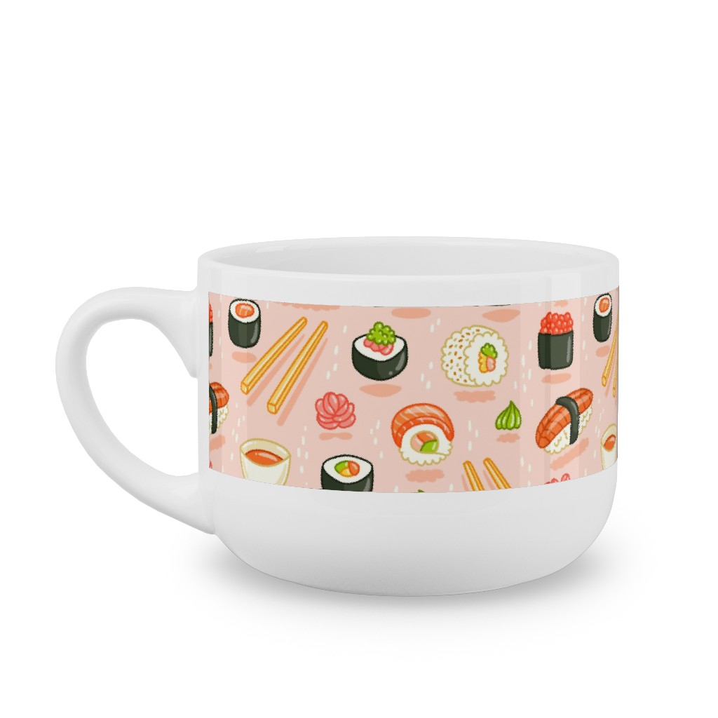 Sushi and Rolls - Pink Latte Mug, White, , 25oz, Pink, Bright Pink